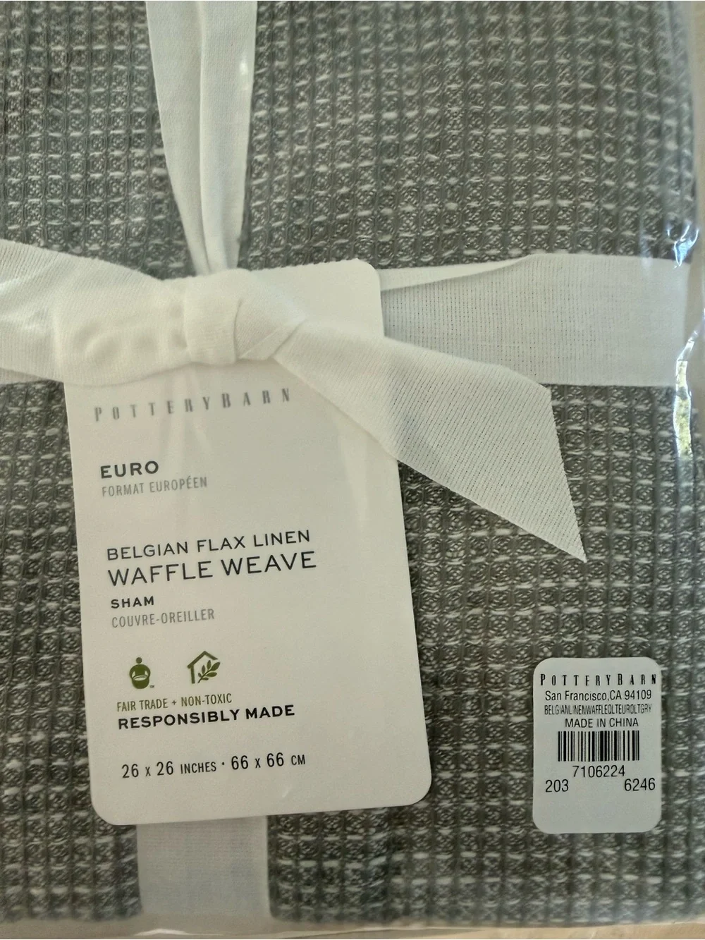 NWT SET OF 3 Pottery Barn Belgian Flax Linen Waffle Weave Euro Shams Light Gray
